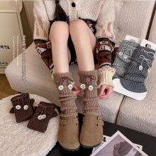 靴尚棉袜套女秋冬翻边蝴蝶结堆堆袜毛线加厚保暖笑脸复古咖色腿套
