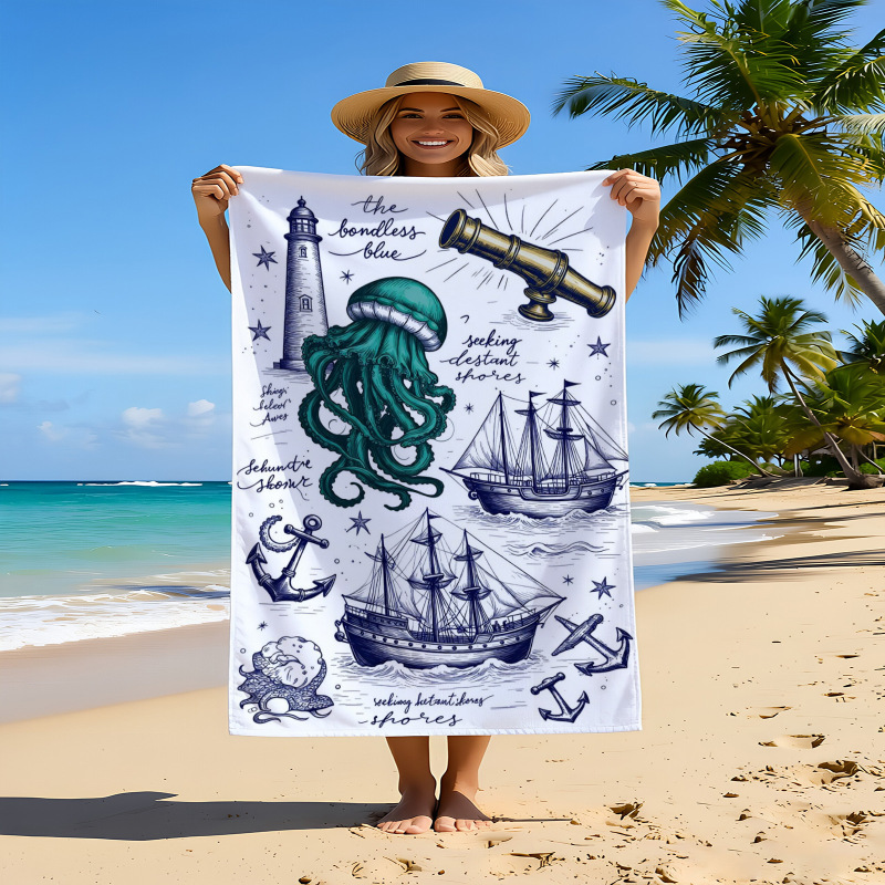 A Vintage Nautical Octopus Print Beach Towel, Quick-Drying and Absorbent Summer Bath Towel, Fun Vacation Style Beach Towel