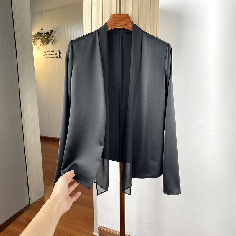 Acetate Satin Scarf Collar Blazer for Women, Spring and Summer Thin Style, Elegant Commuter Workplace Cardigan, Waist-Cinching Single-Breasted Jacket Acetate Satin Scarf Collar Blazer for Women, Spring and Summer Thin Style, Elegant Commuter Workplace Cardigan, Waist-Cinching Single-Breasted Jacket