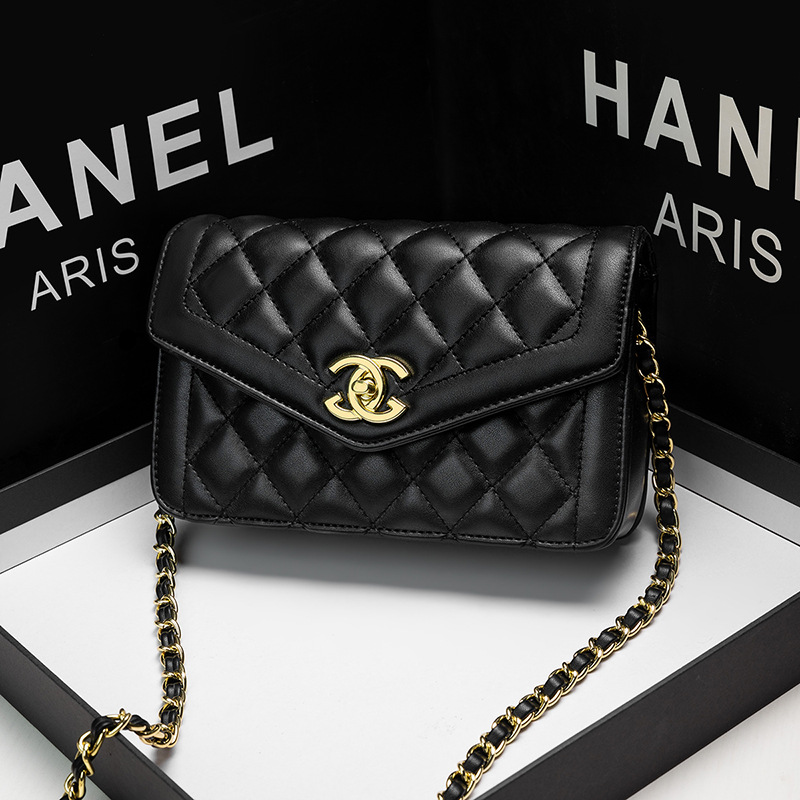 Bolso de Hombro de Cadena de Cuero Genuino Nuevo Otoño 2024, Estilo Versátil de Celebridad de Internet, Inspirado en Chanel, con Cuentas Doradas Acolchadas, Bolso de Mujer