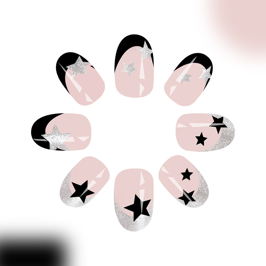 Short oval bright face Europe and the United States cross-border foreign trade French simple glitter black five-pointed star removable nail art 24 pie_voghion.com