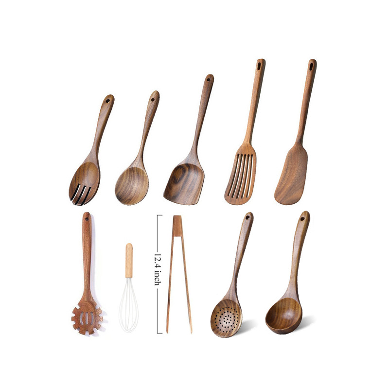 Set de madera de teca horquilla de madera sólida horquilla antiadherente horquilla de madera de acacia cocina utensilios de cocina de mango largo horquilla de verduras pala de cocina conjunto de varias piezas