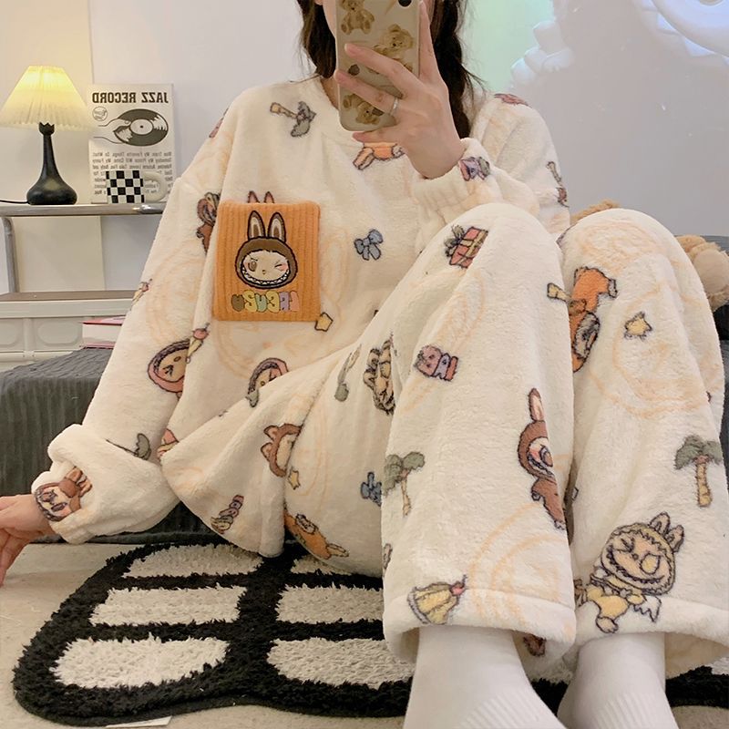 睡衣女款爆款2025新款冬季法兰绒睡衣女加厚甜美风开衫家居服套装