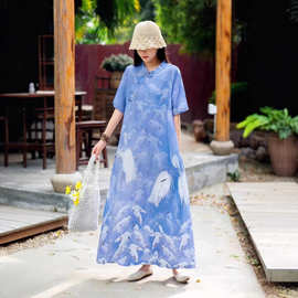 天丝麻长裙2026夏季新款女装印花连衣裙数码印花中式盘扣旗袍大版