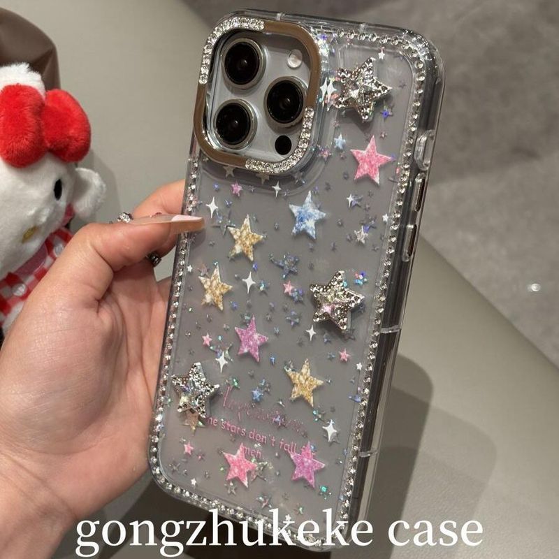 iPhone17promax、Apple16、15、13対応、透明で星がいっぱいのデザイン、ダイヤモンドフレーム付きカラフルな新型スマホケース|undefined