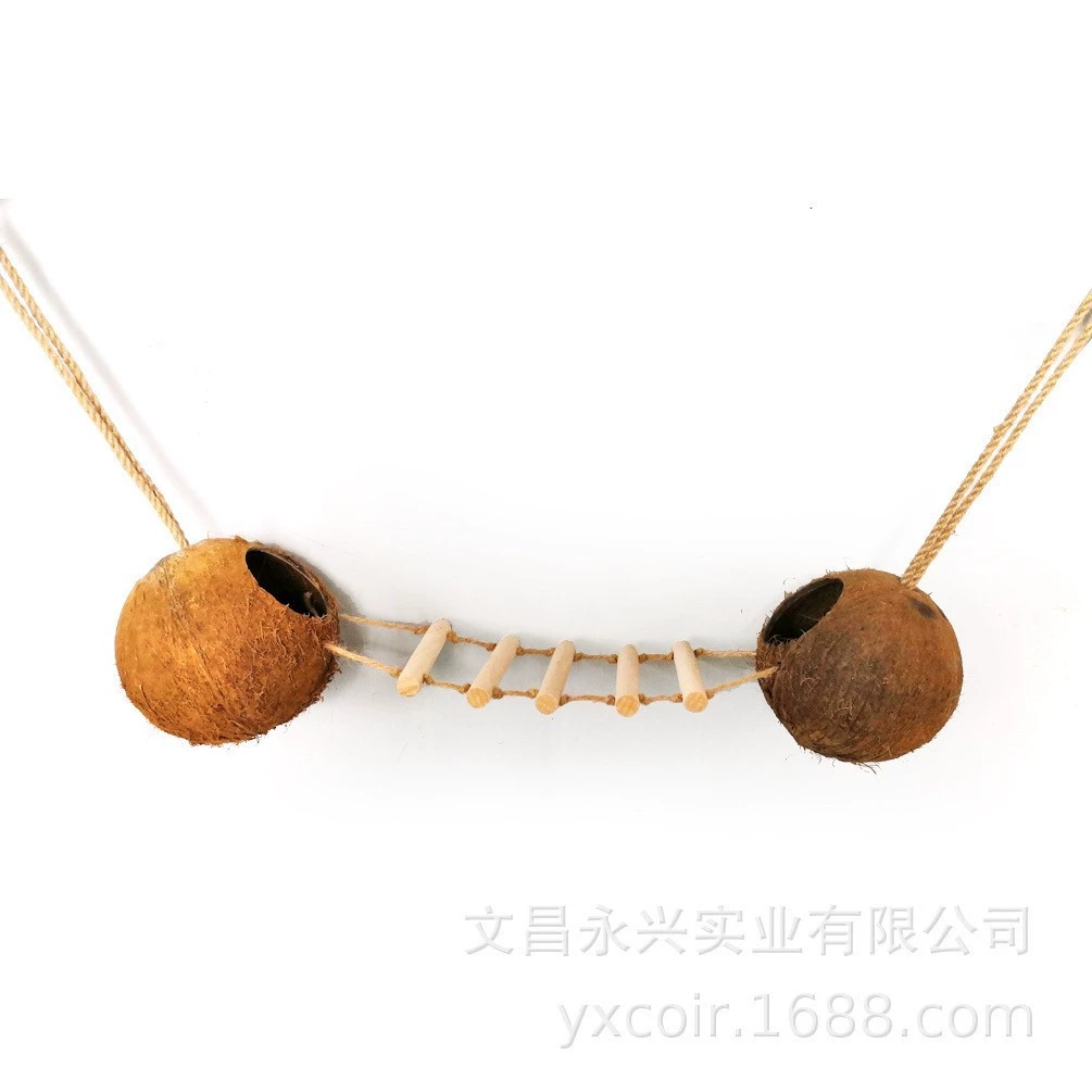 Двойная скорлупа попугая белка домашнее животное натуральный кокосовый дом деревянная лестница для скалолазания кокосовая скорлупа птицы гнездо подвесной мост 2