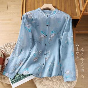 Real Shot 2025 Autum New Korean Style Cotton and Linen Printed Long-Sleeved Loose Shirt Flower Print National Style Small Shirt for Women