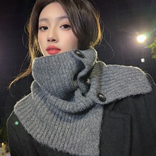 韩版纽扣围脖女秋冬季ins复古保暖护颈脖套针织披肩两用防寒围巾