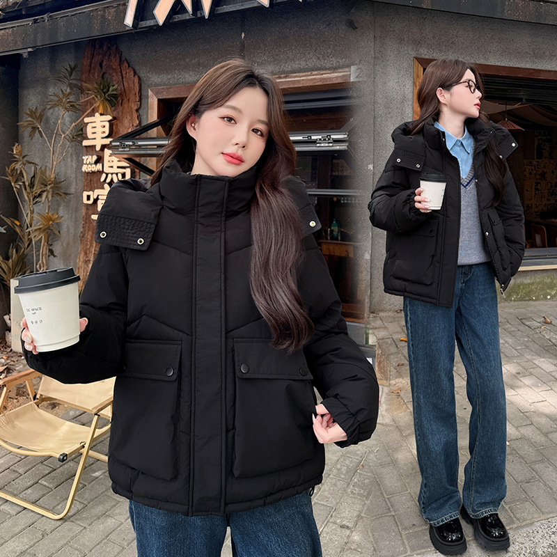 Comercio exterior de un solo tamaño de algodón con sombrero mujer 2025 otoño invierno con sombrero suelto corto bolsillo grande abrigo de moda suelto image 10
