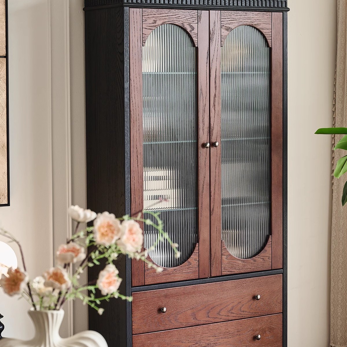 French Solid Wood Bookcase Household Small Apartment Double-Door Glass Storage Display Cabinet Living Room Simple Wall Storage Cabinet