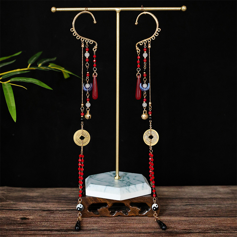 Ancient Style Chinese Earrings with Copper Coin Elements, Tassels, Mountain Spirit Ear Ornaments, Flower Motifs, Hanfu Ear Hooks, Traditional Chinese Accessories, Ear Pendants