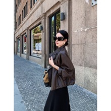 复古港风棕色立领PU皮衣女春秋新款气质显瘦宽松休闲皮夹克外套潮