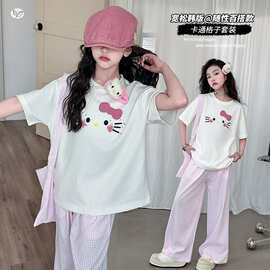 女童套装2026夏季新款中大儿童洋气卡通女孩夏装短袖阔腿裤两件套