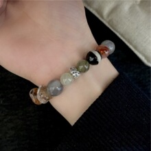 S925银天然红胶花巴西蓝晶石玛瑙多宝复古锤纹银管手链小众设计风