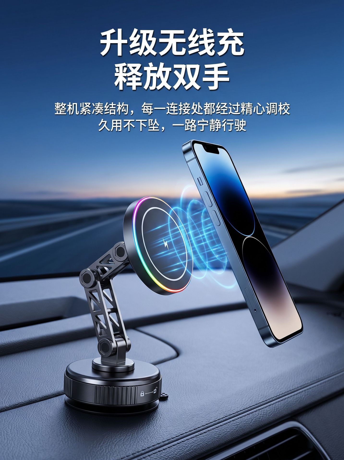 Cross-Border Vacuum Adsorption 15W Wireless Fast Charging Car Mount, Anti-Shake Extended Arm Foldable Magnetic Car Phone Holder