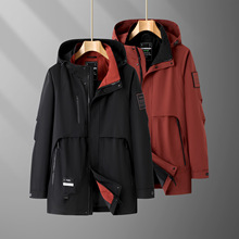 胖子哥2025年秋冬新款男潮胖加肥加大码中长款连帽风衣加保暖夹克