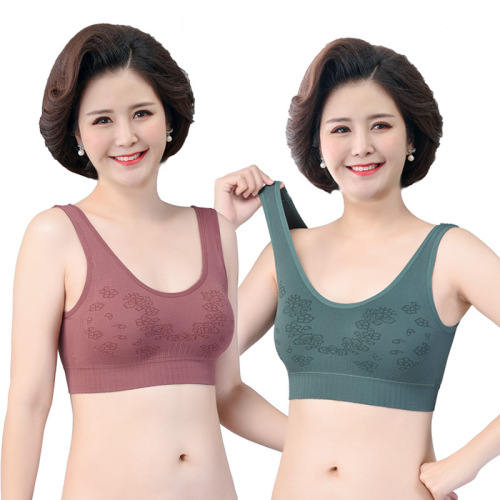 Middle-aged and elderly women's large size underwear, no rims, lady's mother's bra, breast-retracting anti-sagging vest-style printed bra