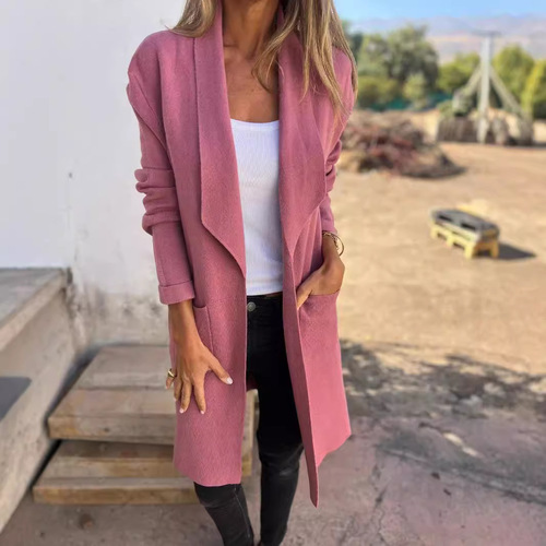2024 Amazon Wish AliExpress Foreign Trade_Autumn and Winter Lapel Medium-Length Knitted Cardigan Thin Woolen Jacket