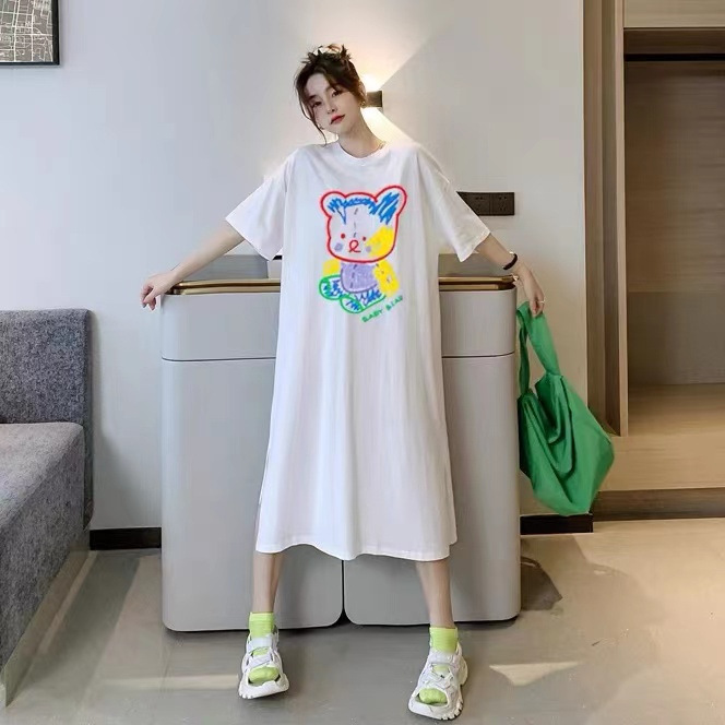 Pure Cotton Korean Style dress Women's Summer New plus size Loose Long Over-the-knee chubby girl Pregnant Women's Nightdress Women's T-shirt Dress