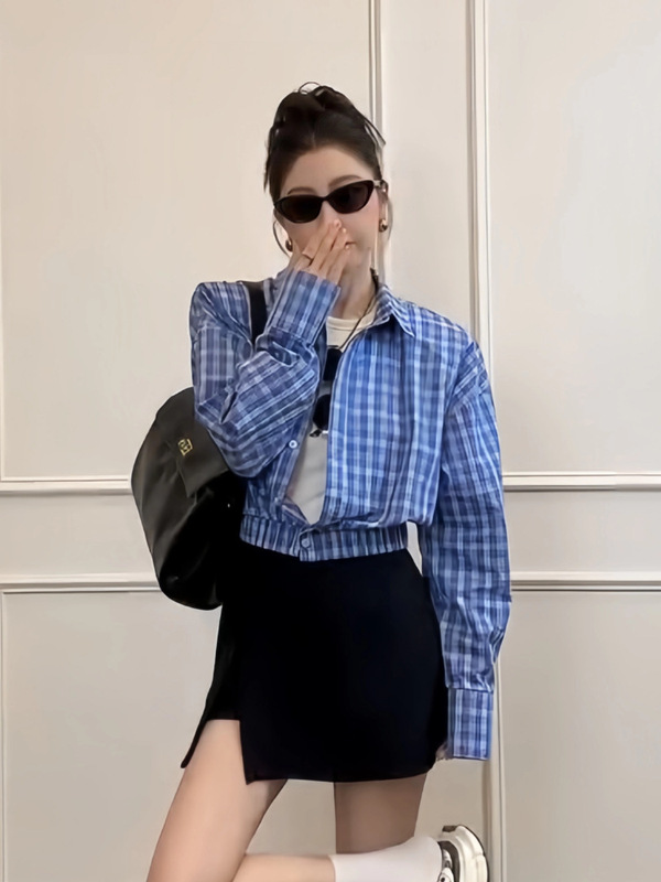 肯豆风韩版格子衬衫女秋季新款收腰显瘦小众长袖衬衣宽松短款上衣|undefined
