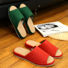批发2309素色拖鞋静音软底不易沾灰亚麻透气吸汗良品布艺拖鞋