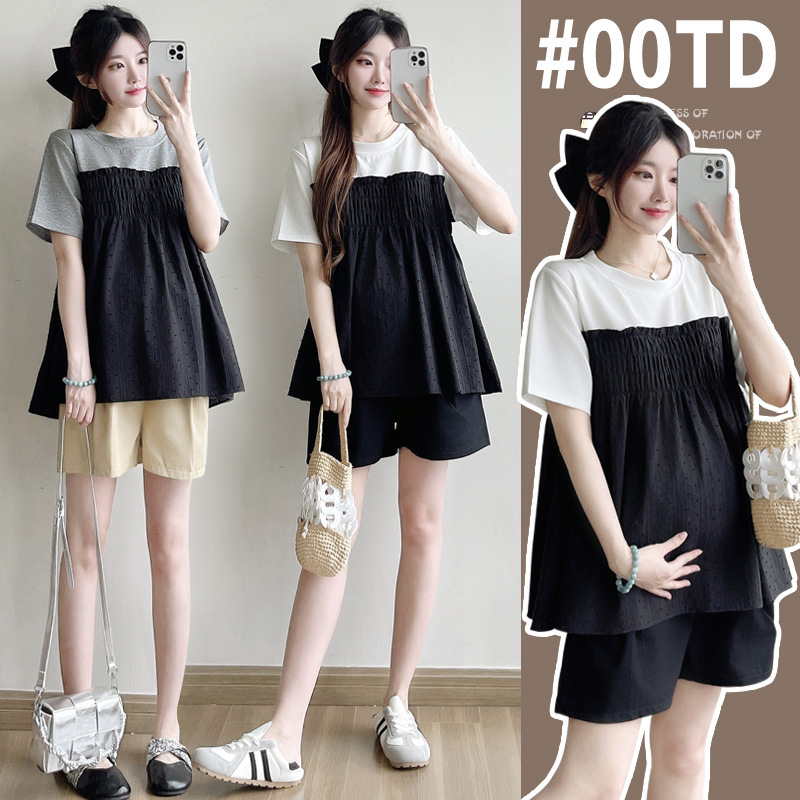 Maternity Wear Summer Wear 2025 New French Sweet Fake Two-Piece Splicing Baby Doll Shirt Versatile Top Shorts Suit Summer
