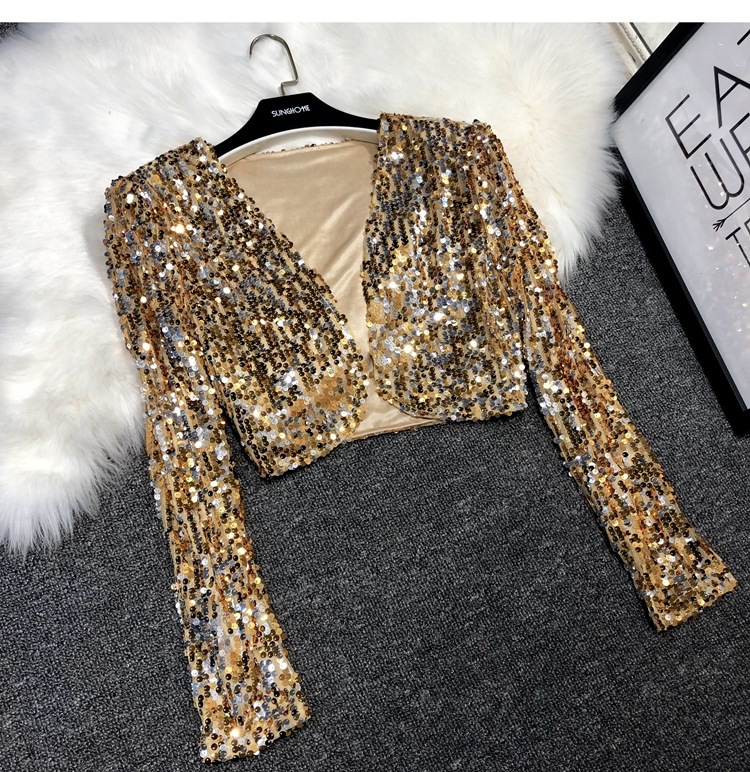210g Weight Women's Coat Long Sleeve Blazers Sequins Streetwear Solid Color