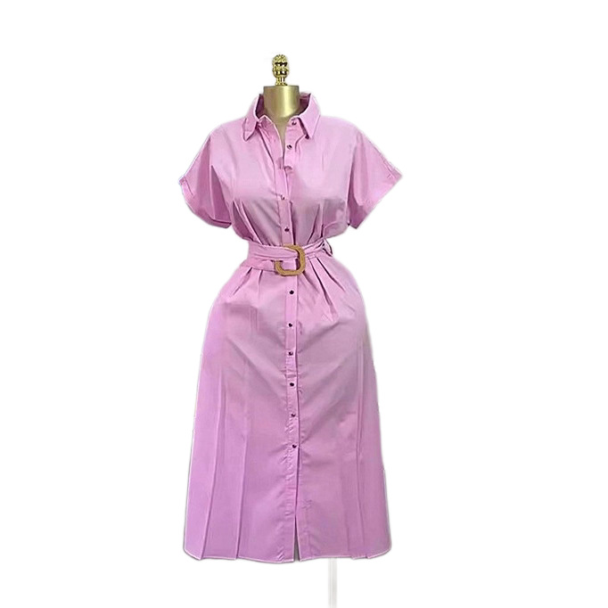 Women's Clothing Elegant Slimming Short Sleeved Shirt Dress Mid Length Solid Color American Style Autumn New Fashion_ecoleips.com