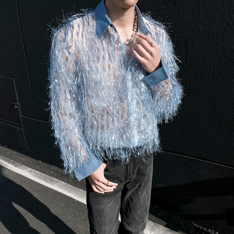 Spring and Summer Korean Style Cool Drama Trendy Brand Men's Tops Feather Shirts Men's Long-Sleeved High-End Cut Out Jacket Shirts 26