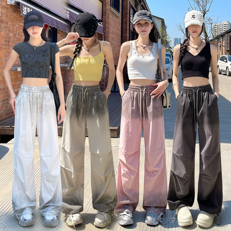 Американские ретро-габардиновые брюки-карго с градиентом, весна-лето 2025, женские универсальные повседневные брюки для бега с высокой талией, широкие брюки-парашюты