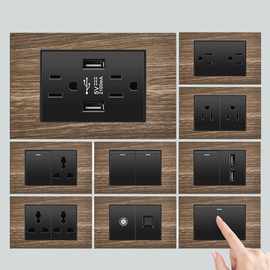 美标110v复古木纹台湾墙壁开关面板 美式美规15A插座带USB/Type-c