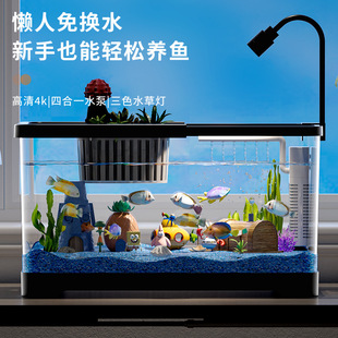 Fish Tank Household Living Room Desktop Ecological Aquarium Filter and Oxygen Integrated Circulation Tank with Lid Landscape Goldfish Tank