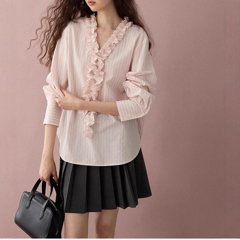 New Striped Style All-Cotton French Loose Slimming Lace Striped Shirt Top for Women in Autumn