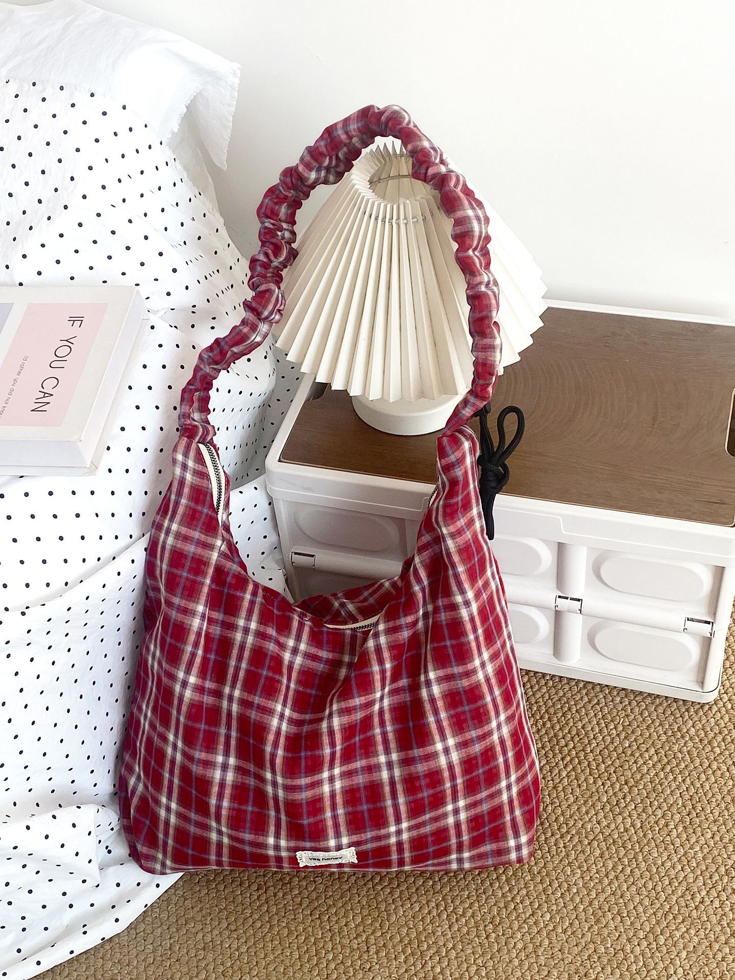 Korean Style Plaid Pleated Crossbody Bag - Large Capacity Academy Style Versatile Shoulder Bag For Women, Spring/Summer Fabric Bag - Thumbnail 6
