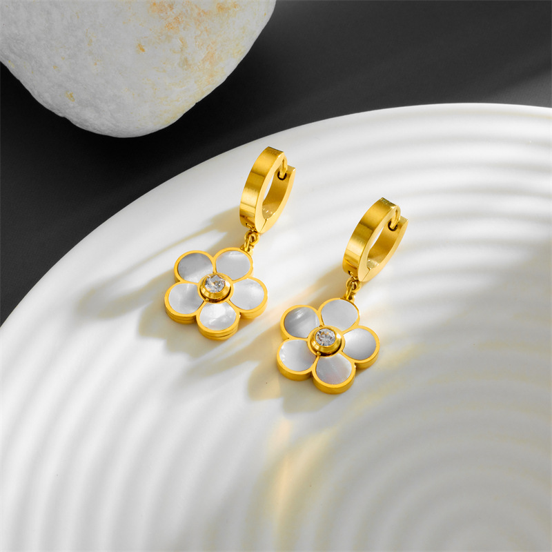 Fashion Flower Titanium Steel Plating Inlay Shell Zircon Earrings Necklace