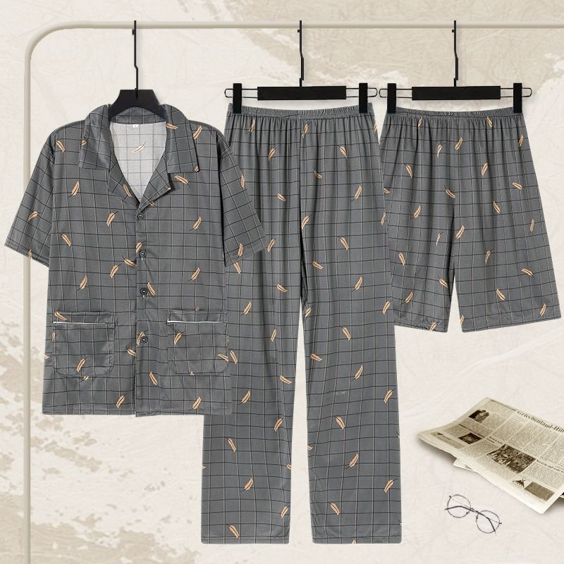 Primavera y otoño de grasa 100% algodón pijamas de los hombres de manga corta pantalones cortos cardigan ropa de abrigo ropa de hogar traje de tres piezas