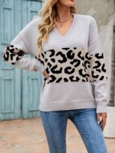 欧美跨境秋冬新款V领个性拼接针织衫外贸套头豹纹毛衣女 时尚潮款