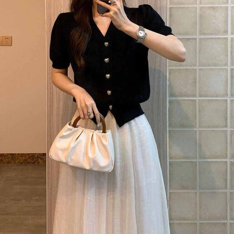 Summer Black Knitted Short-Sleeve Cardigan for Women, Puff Sleeve T-Shirt, Chanel-Style V-Neck, Elegant Slim-Fit Top Summer Black Knitted Short-Sleeve Cardigan for Women, Puff Sleeve T-Shirt, Chanel-Style V-Neck, Elegant Slim-Fit Top