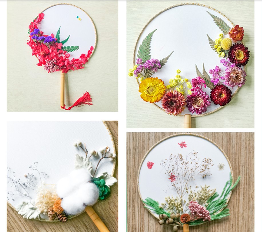 Preschool decoration round fan picture frame floating flower DIY candle pressed flower glue tweezers cotton orchid violet