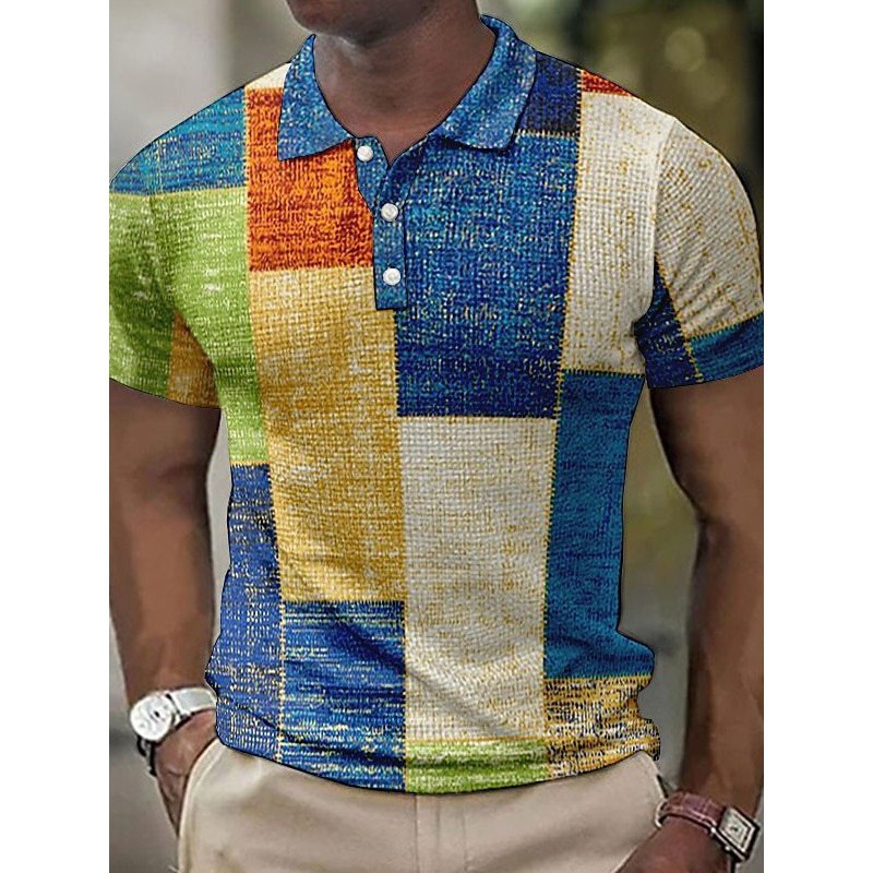 Men's Plaid Button Polo Shirt Short Sleeve 3D Digital Print Turn-Down Collar Breathable Casual Cross-Border Hot Sale Business Commute