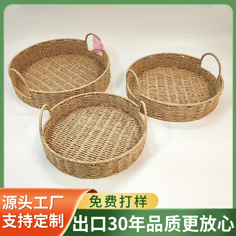 Linyi cuerda de paja pétalo bandeja redonda en forma de abanico con mango mesa de café de hierba de calabaza decoración plato de mesa de ratán de hierba de mar nuevo