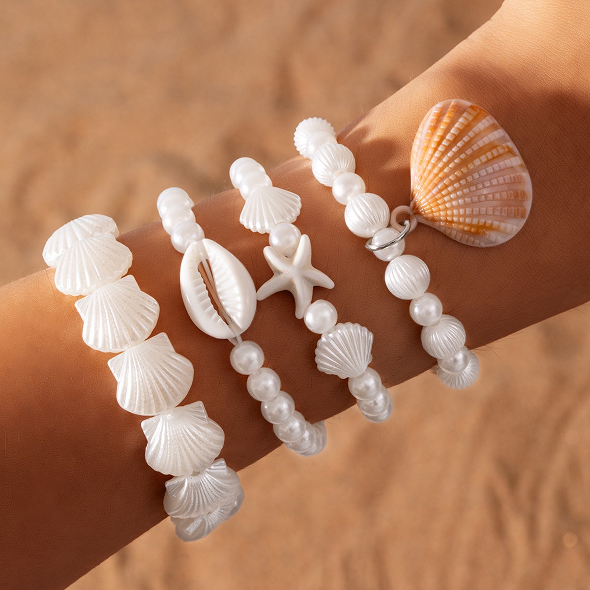 Cross-Border Bohemian Ocean Style Shell Imitation Pearl Turquoise Starfish Beaded Elastic Thread Women's Bracelet 4-Piece Set