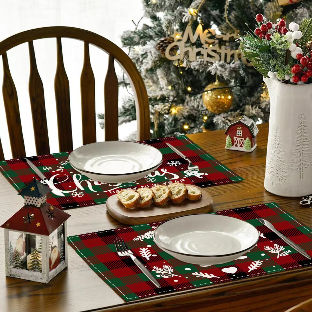 Transfronterizo temu explosión de Navidad invierno árbol de Navidad muñeco de nieve lino estampado conjunto de lino estampado