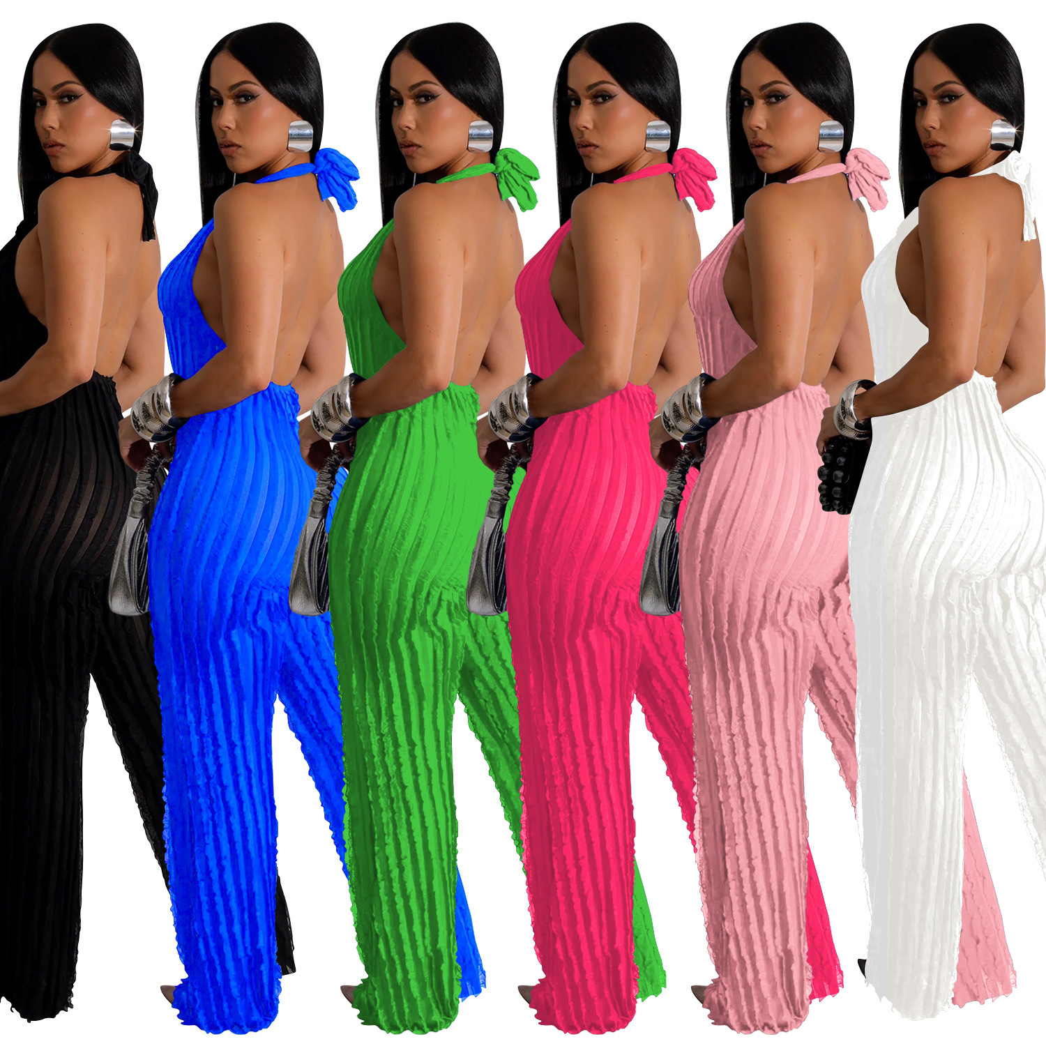 C6737 transfronterizo AliExpress Amazon Europa y América de las mujeres de la moda de color sólido sin respaldo profundo V plisado Halter mono de las mujeres