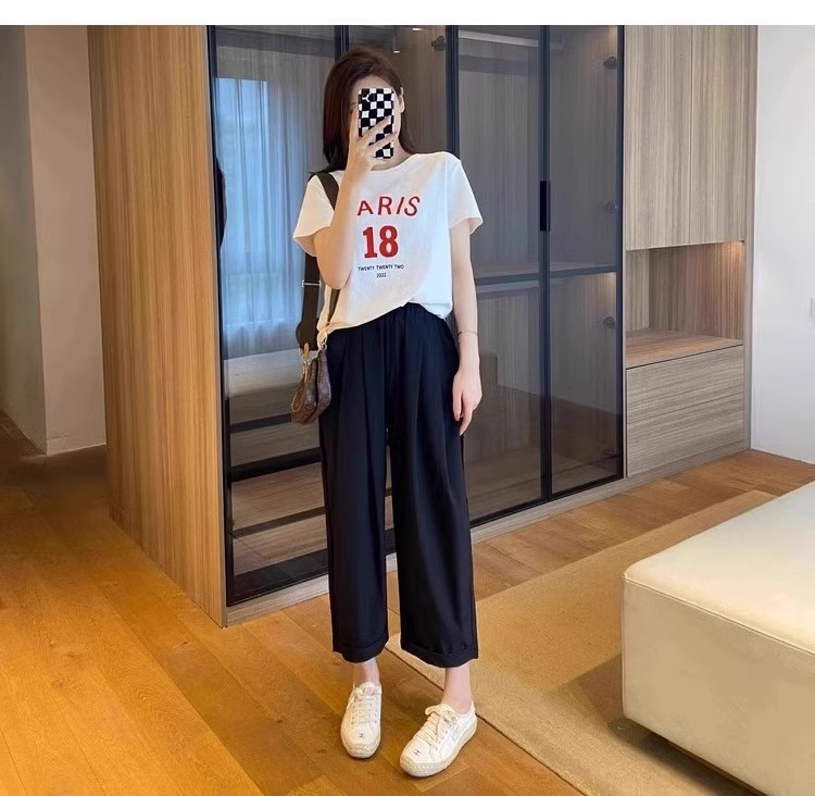 Quần dài ống đứng nữ vải lụa băng mỏng mùa hè, dáng suông thoáng khí, cỡ lớn cho người mập — 9 phân mẫu mỏng màu đen chi tiết 18