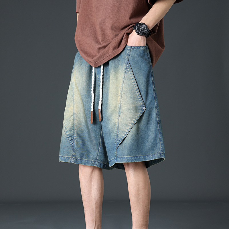Men's Denim Shorts 2026 Summer Loose Patchwork Casual Mid-Length Pants American Style Trendy Brand Washed Large Size Workwear Five-Point Pants