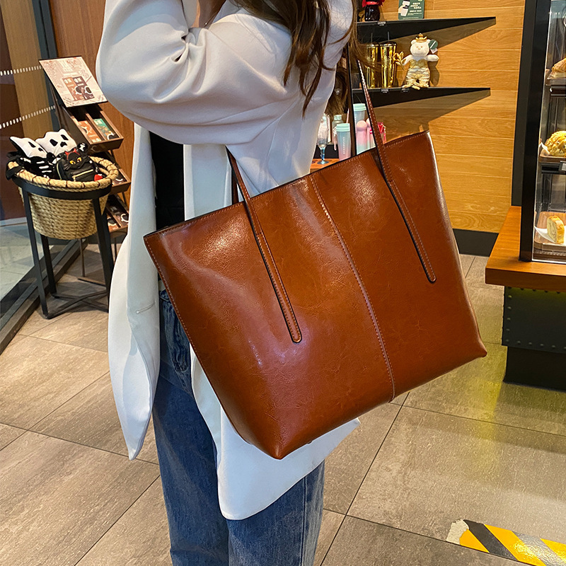 本革トートバッグ、ファッショナブルで多用途な脇の下バッグ、女の子用オイルワックスレザーショルダーバッグ、女性用高級大容量トートバッグ|undefined