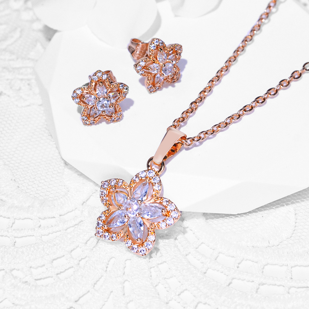 Europa y América de moda bronce incrustado gran pendientes de zircon collar conjunto de joyería pendientes de mujer colgante hermosa joyería transfronteriza