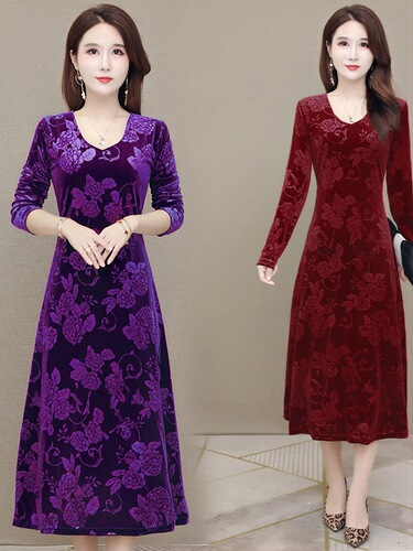 Velvet 3D Printed Dress for Women - Spring and Autumn/Winter Plus Size - Elegant and Slimming - Mother's Dress - Large Swing Over-Knee Length