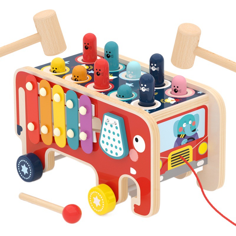 Juguetes de madera para niños elefante tocando el piano tocando el topo dinosaurio arrastrando coche golpeando a juego educativo entre padres e hijos juguetes de educación temprana